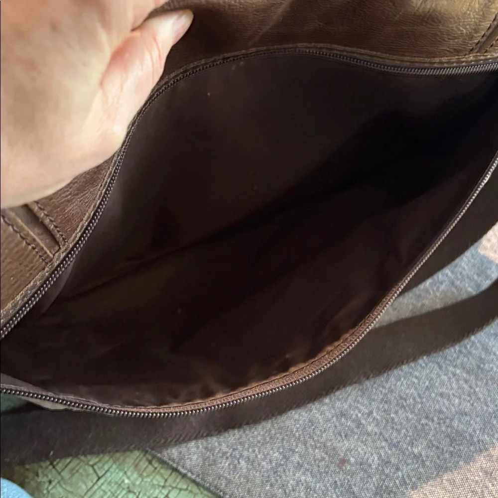 Fossil Leather Trim Tan Nylon Messenger Laptop Bag Crossbody Work